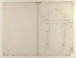 Palazzo dei Conservatori, portico, plan; façade cornice, elevation; minor order, cornice; column, elevation; pedestal, elevation (recto); Palazzo dei Conservatori, portal, elevation; section (verso), Anonymous, French, 16th century, Pen and dark brown ink, black chalk, and incised lines